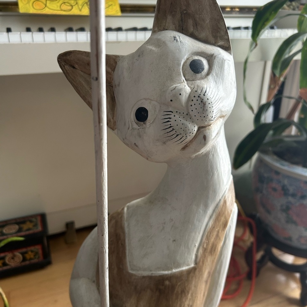 Handcrafted Large Wooden Artisan Cat Figurine Indonesia - Cream and Brown